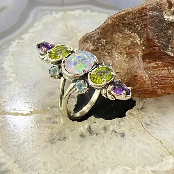 Carolyn Pollack Sterling Silver Elongated Multi Gemstone Ring Size 8 For Women - Picture 3 of 10